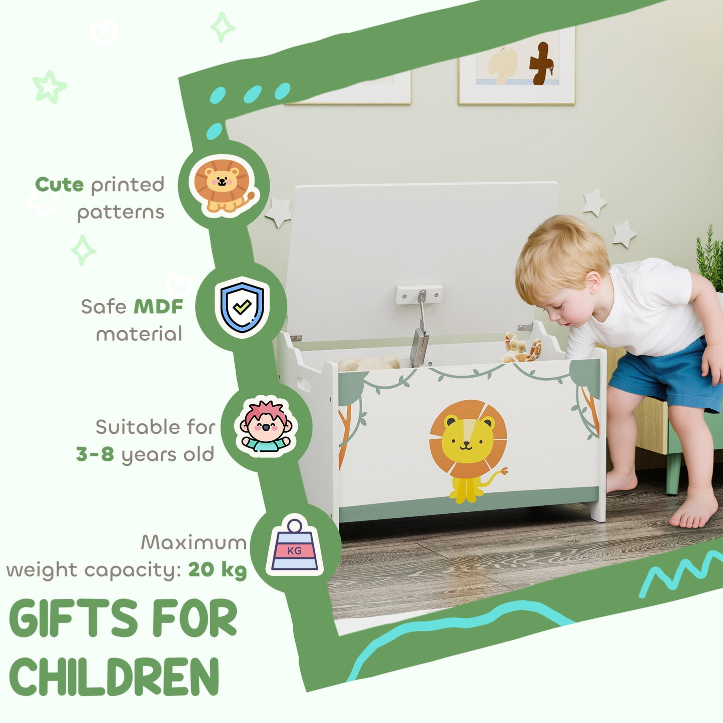 Toy Box with Lid, Safety Hinges for Kids, Nursery, Bedroom, Green