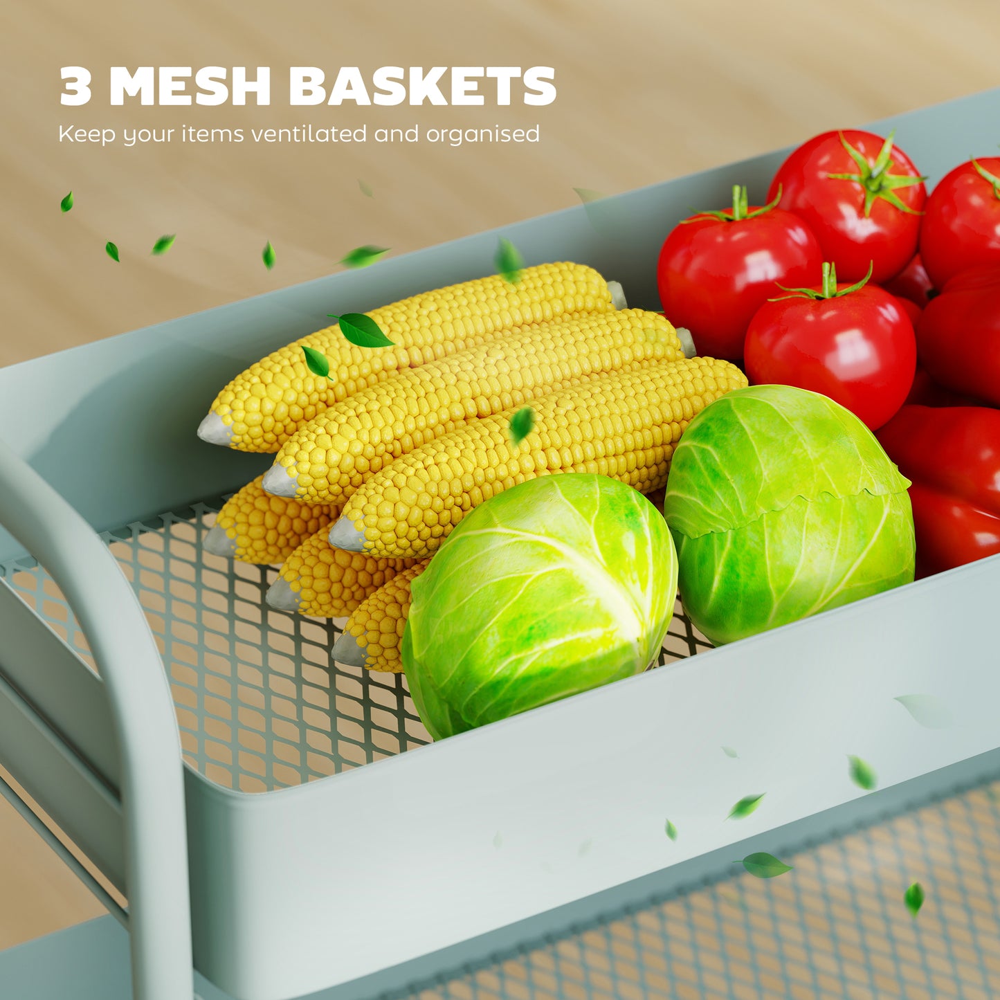 3-Tier Storage Trolley, Storage Cart with Mesh Backets, Wheels