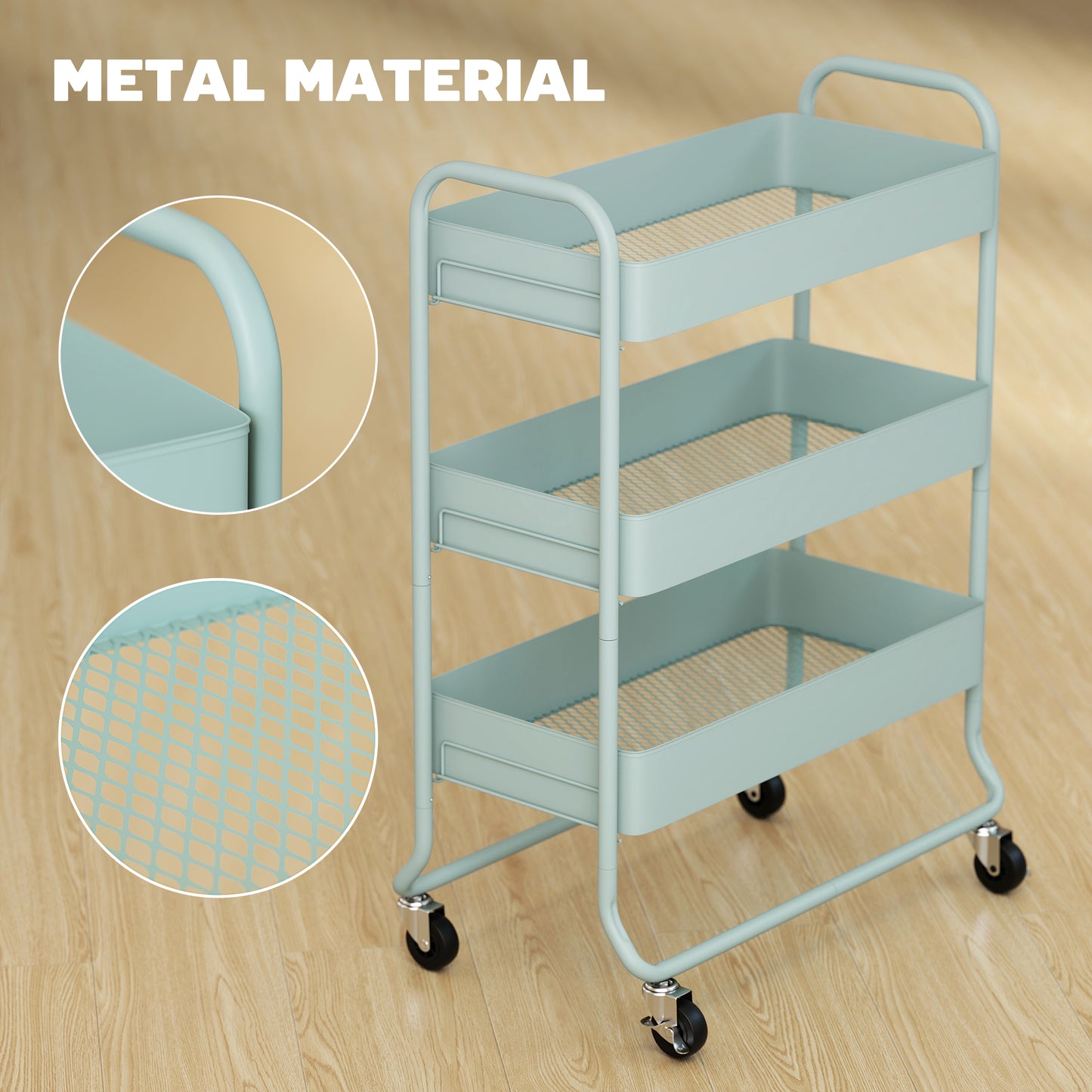 3-Tier Storage Trolley, Storage Cart with Mesh Backets, Wheels