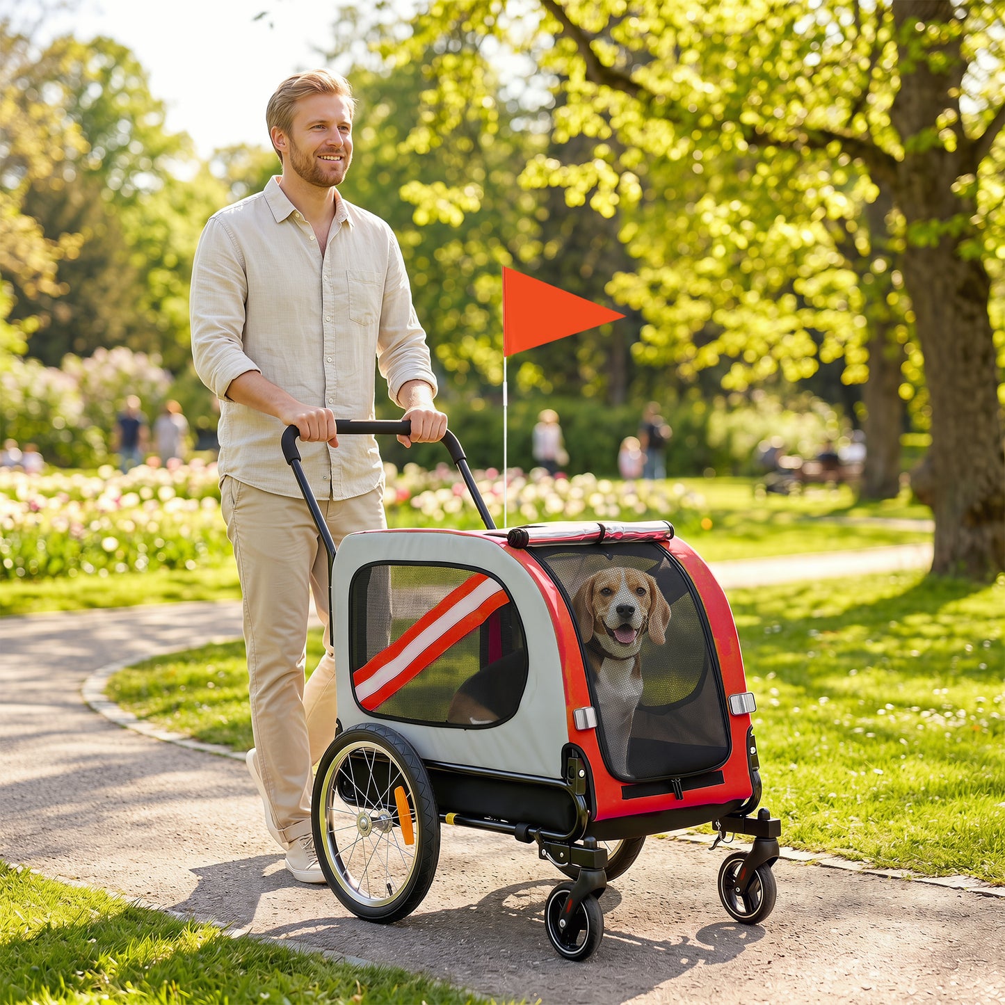 Dog Bike Trailer, 2 in 1 Foldable Pet Stroller Security Harness, Reflectors, Quick Release Wheels, Flag, for Medium Dogs, 134L x 60W x 101H cm, Red