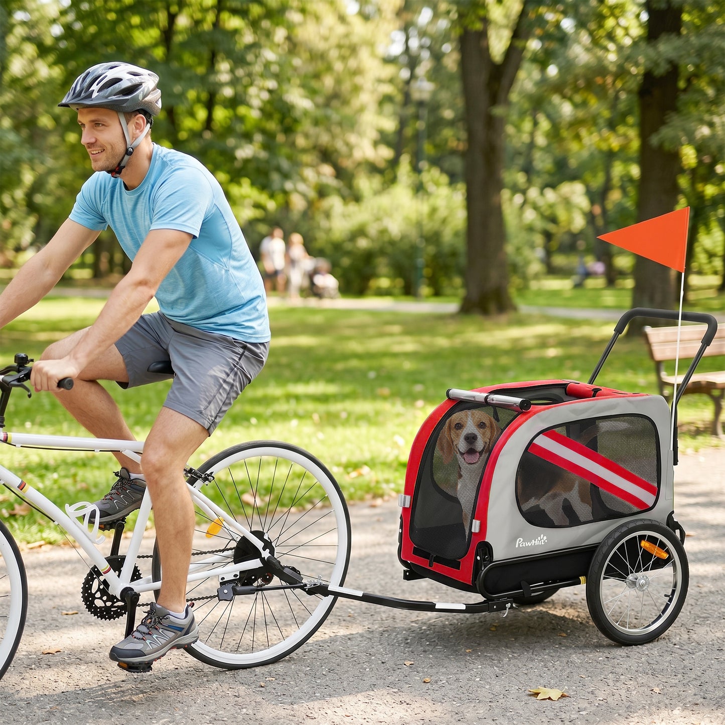 Dog Bike Trailer, 2 in 1 Foldable Pet Stroller Security Harness, Reflectors, Quick Release Wheels, Flag, for Medium Dogs, 134L x 60W x 101H cm, Red