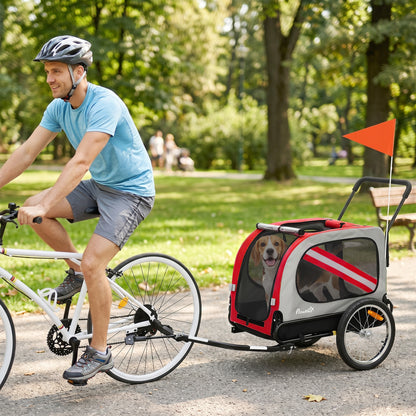 Dog Bike Trailer, 2 in 1 Foldable Pet Stroller Security Harness, Reflectors, Quick Release Wheels, Flag, for Medium Dogs, 134L x 60W x 101H cm, Red