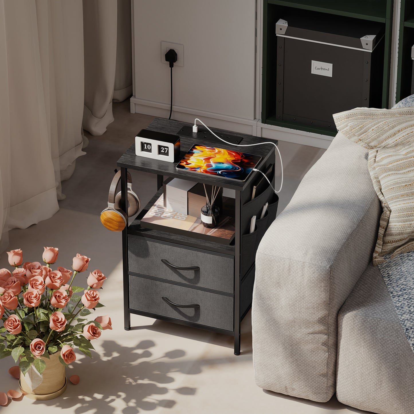 Slim Side Table with Charging Station, Bedside Table, Black