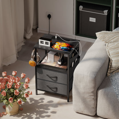 Slim Side Table with Charging Station, Bedside Table, Black