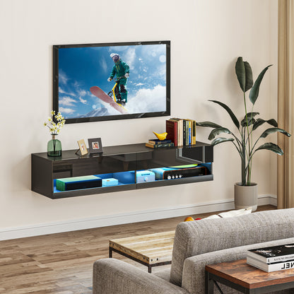 High Gloss TV Stand Unit Wall Mounted with LED Lights, Black