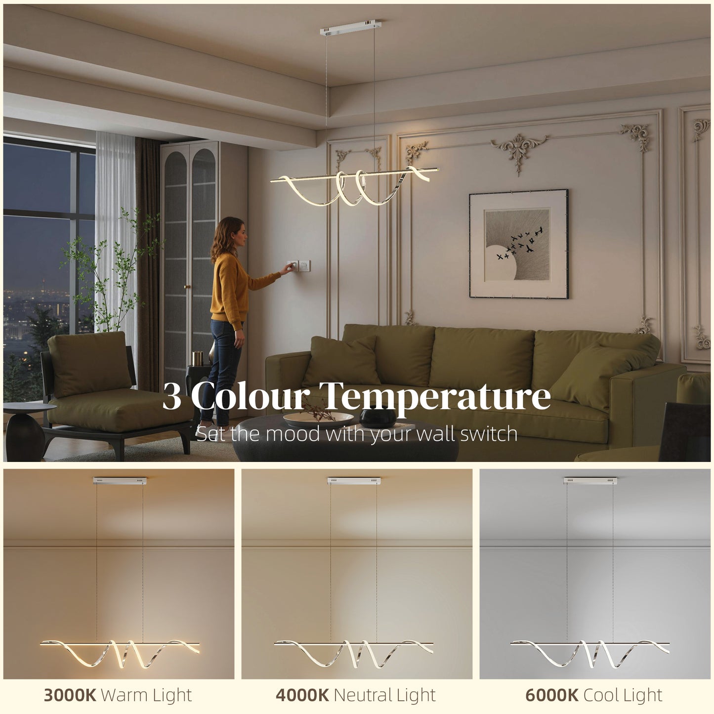 Pendant Light, Ceiling Light with 3 Colour Temperatures, Silver Tone