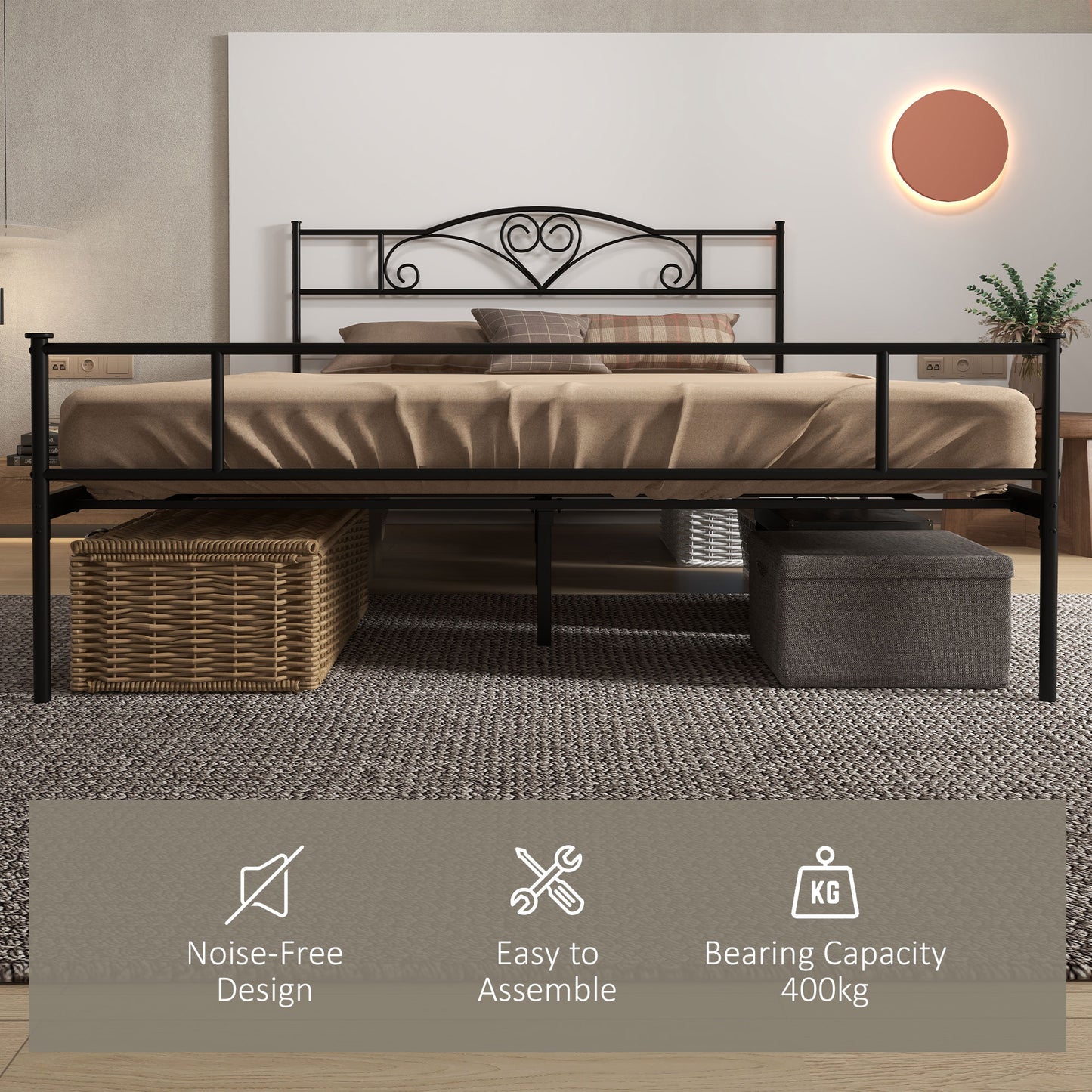 King Size Bed Frame, 5ft4 Metal Bed Base with Headboard and Footboard, 31cm Underneath Storage Space for Bedroom
