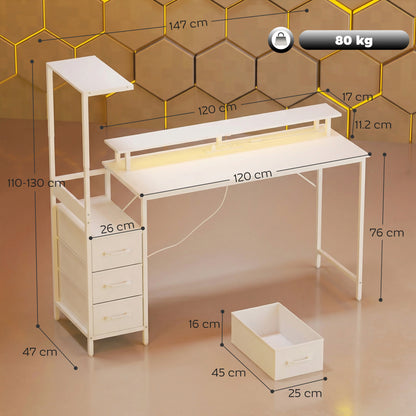 147cm Gaming Desk with Charging Station and RGB Lights, White
