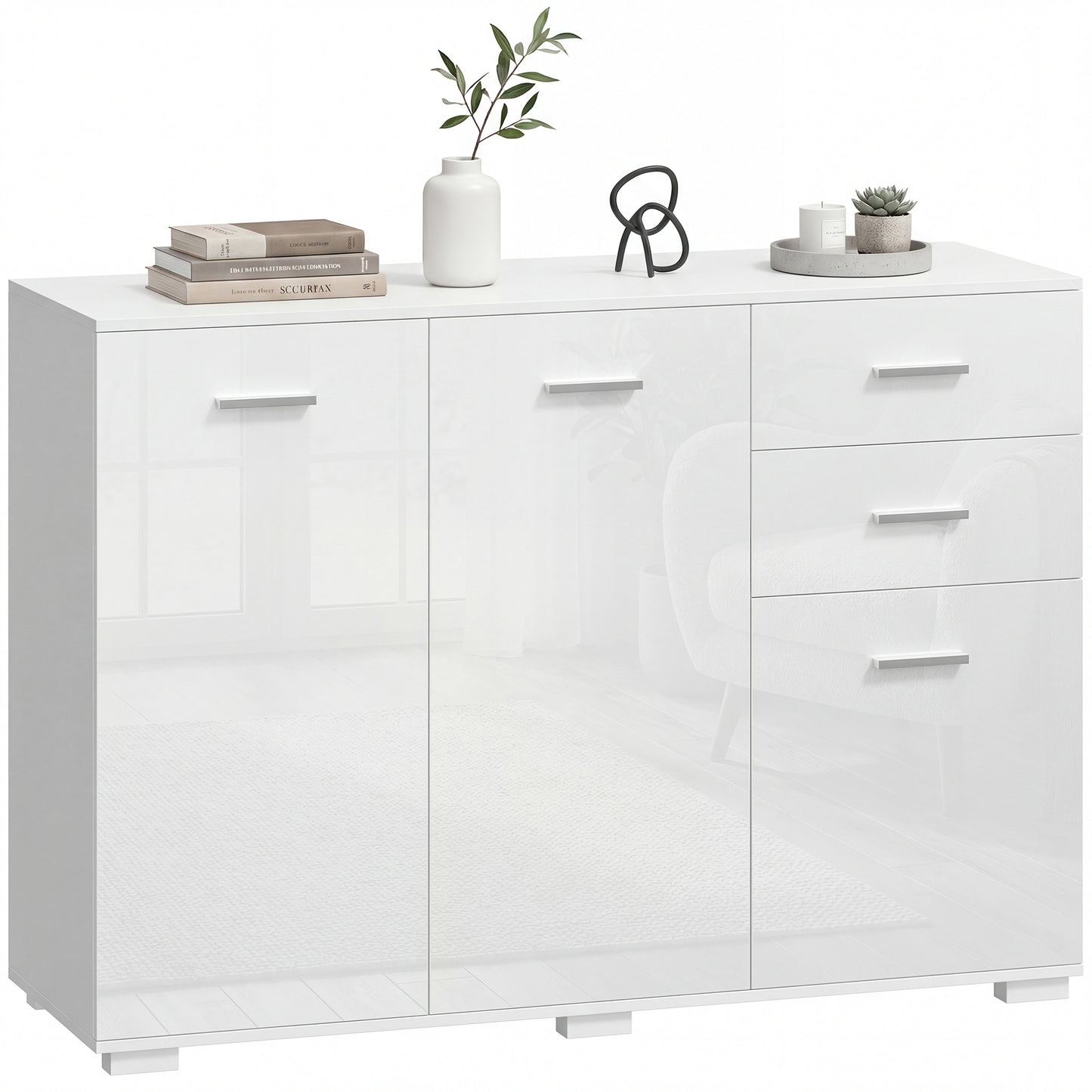 Modern Sideboard Kitchen Storage Cabinet, High Gloss White