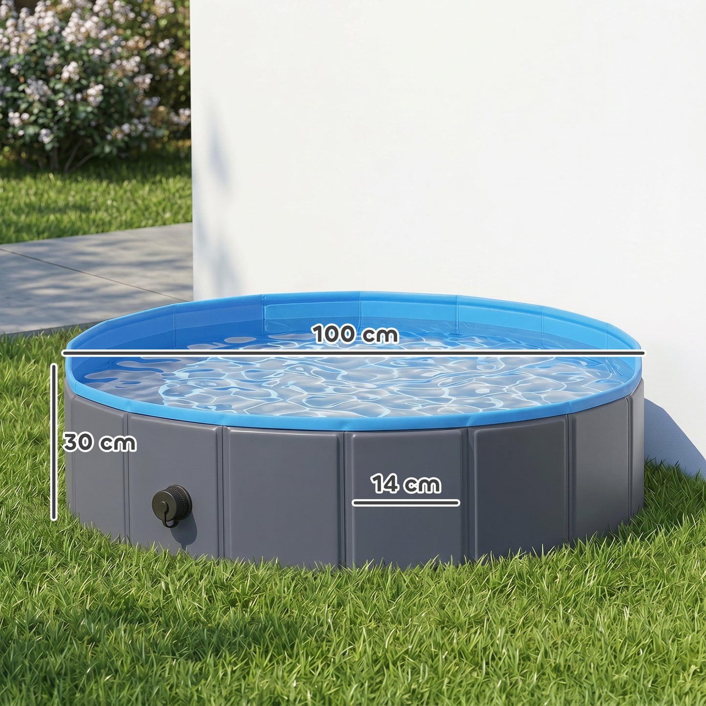 Foldable Dog Pool for Puppies and Ducks, Thickened PVC Dog Paddling Pool Bath Tub Hard Board, Anti-Slip Bottom and Hose Adapter for Easy Drainage, 100 x 30cm, Blue and Dark Grey