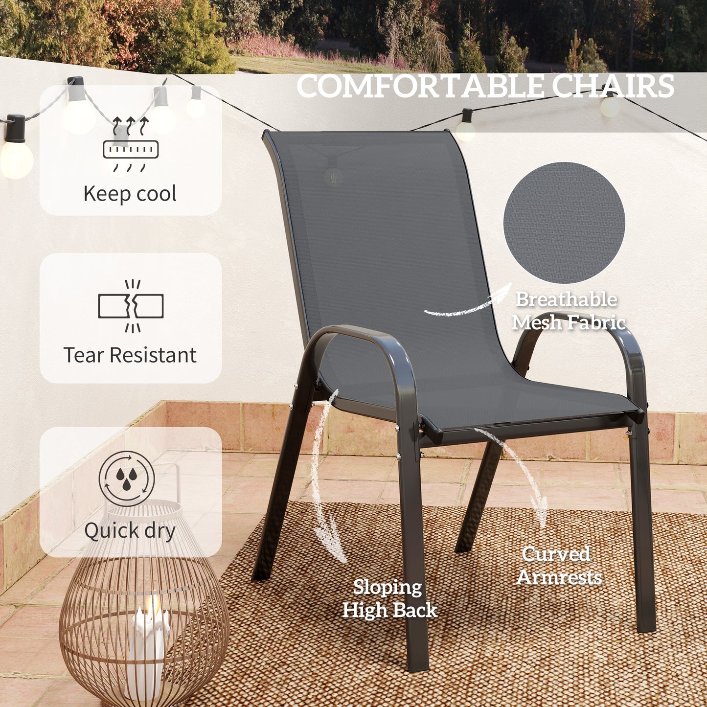 Garden Bistro Set, Small Garden Set w/ Stackable Chairs, Dark Grey