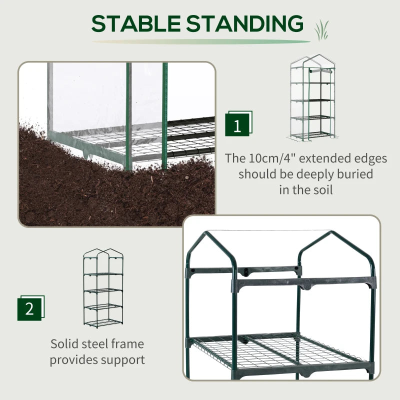 4 Tiers Mini Portable Greenhouse Compact Plant Grow Shed Metal Frame Transparent Clear Cover 160H x 70L x 50Wcm