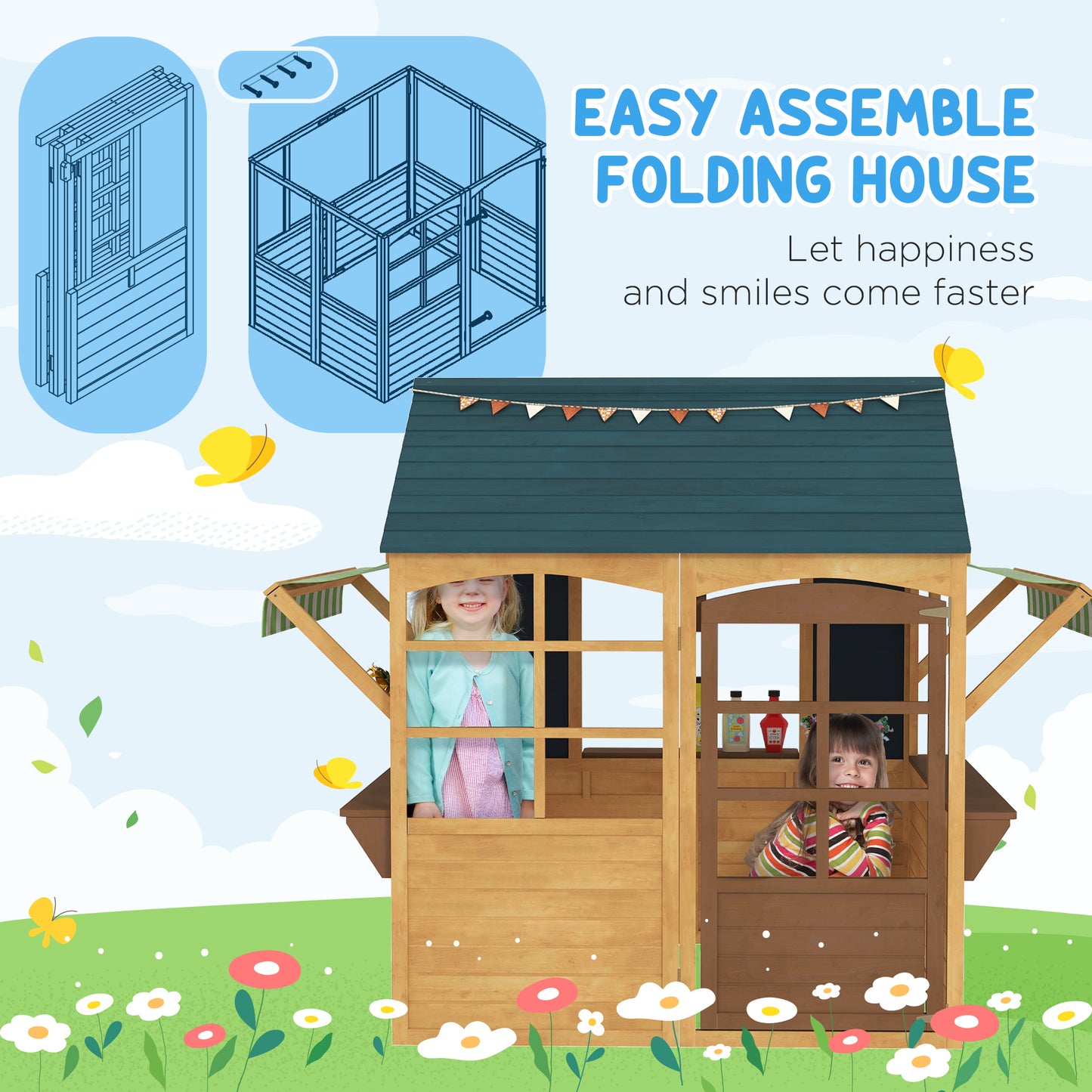 Wooden Playhouse for Kids Outdoor, Foldable Wendy House, Brown