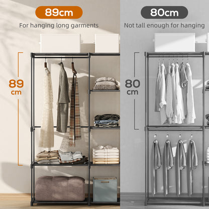 Portable Wardrobe, Open Clothes Wardrobe with 8 Shelves, 3 Hanging Rails, Freestanding Coat Rack Organiser, 182 x 43 x 185cm, Black