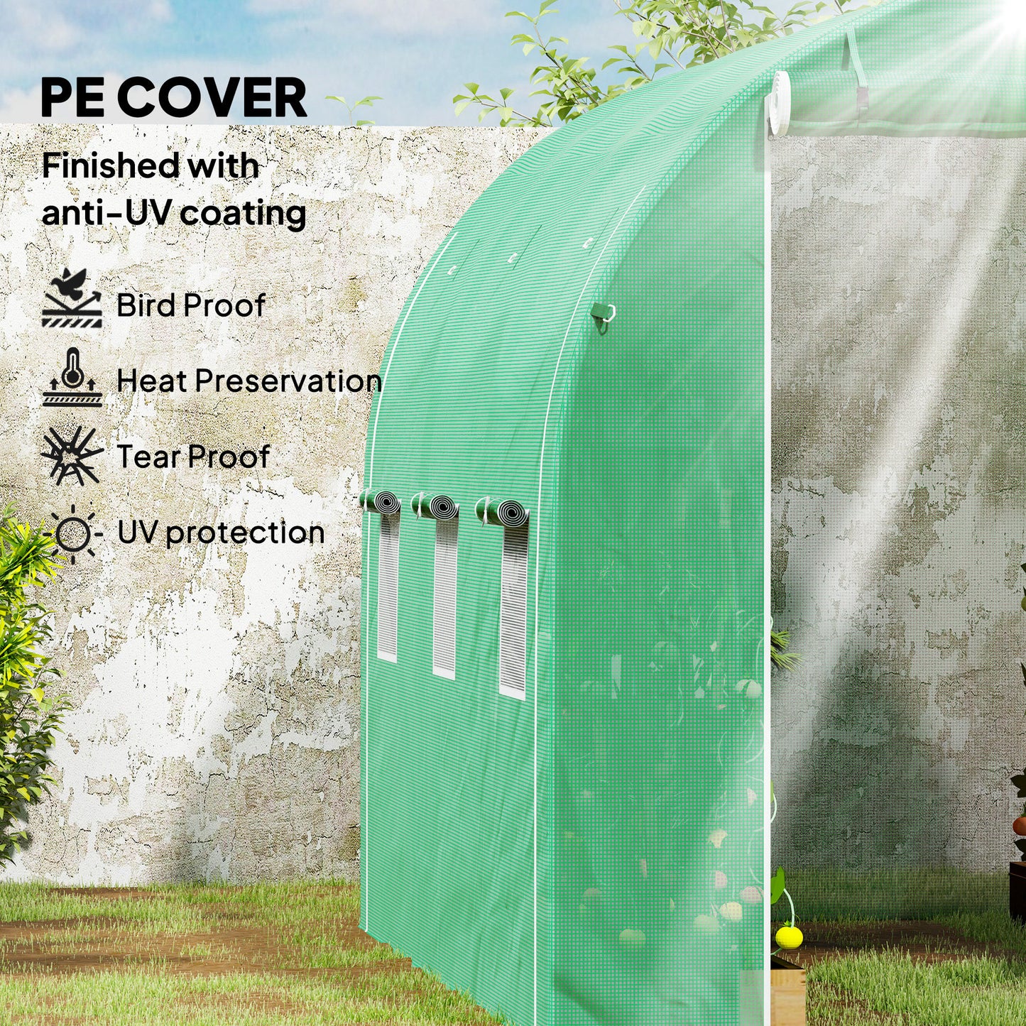 Polytunnel Greenhouse with PE Cover, Galvanised Steel Frame, Green