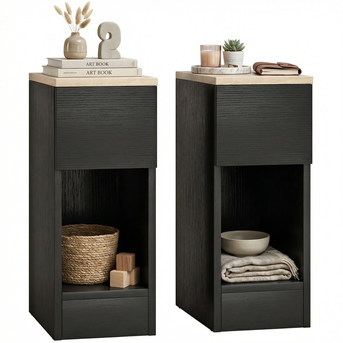 Bedside Tables Set of 2, Nightstands for Bedroom, Living Room, Black