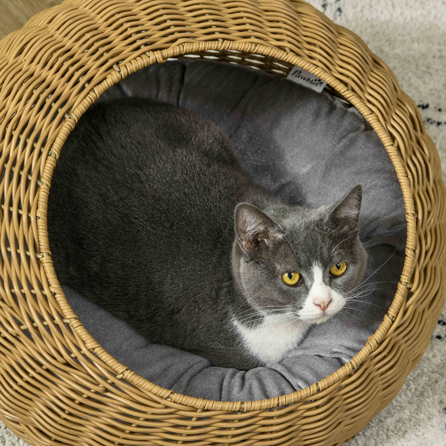 Wicker Cat House with Washable Cushion for Indoor Cats, Light Brown