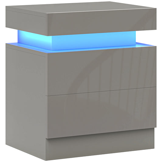 High Gloss Front Bedside Table, APP Control Nightstand with RGB LED Light and 2 Drawers, Chest of Drawers for Bedroom, Living Room, Grey