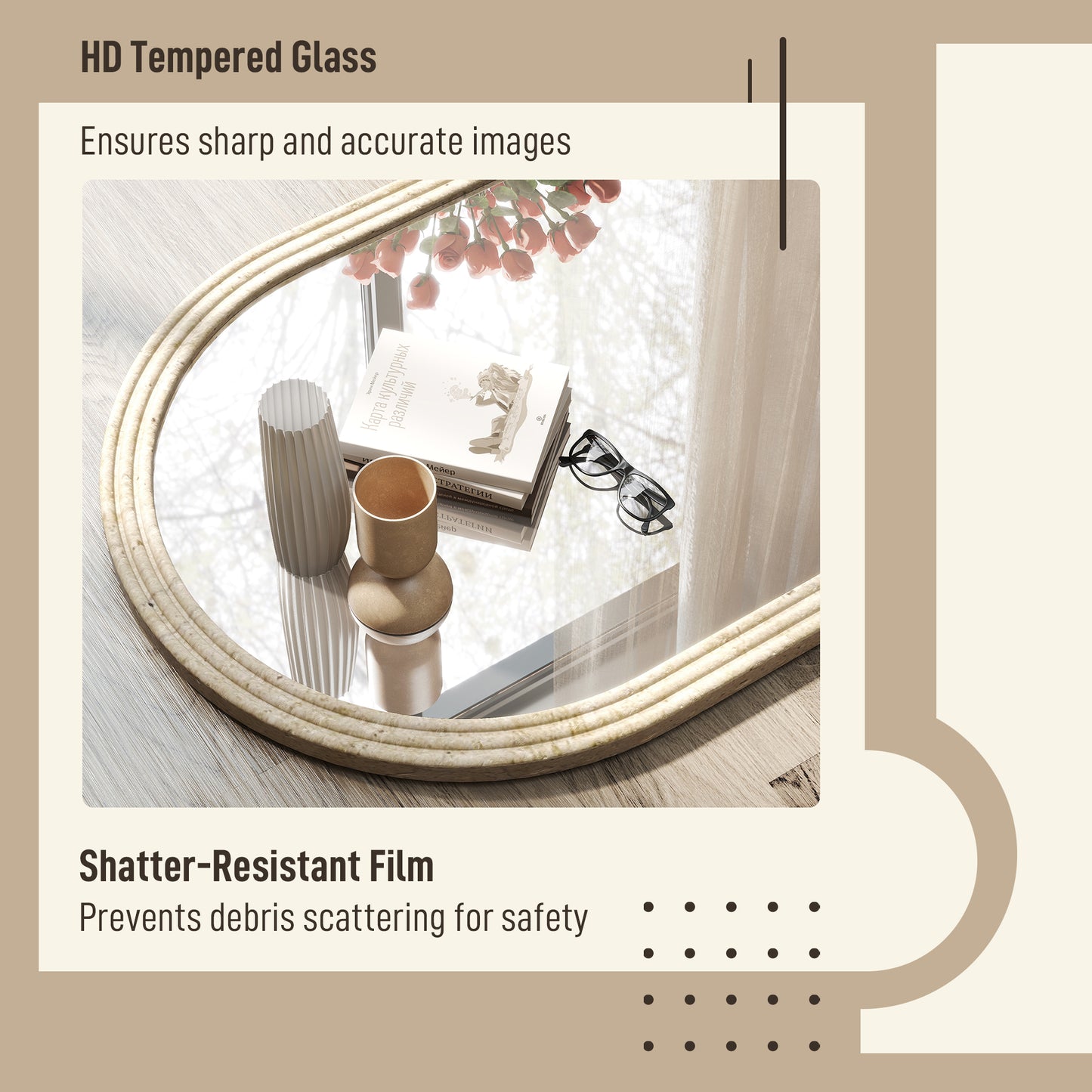 Arched Wall Mirror with Modern Tempered Glass & Polystyrene Beige