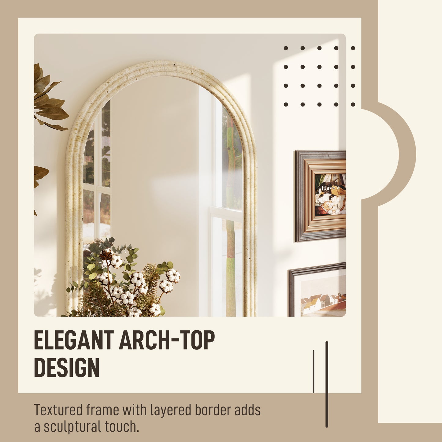 Arched Wall Mirror with Modern Tempered Glass & Polystyrene Beige