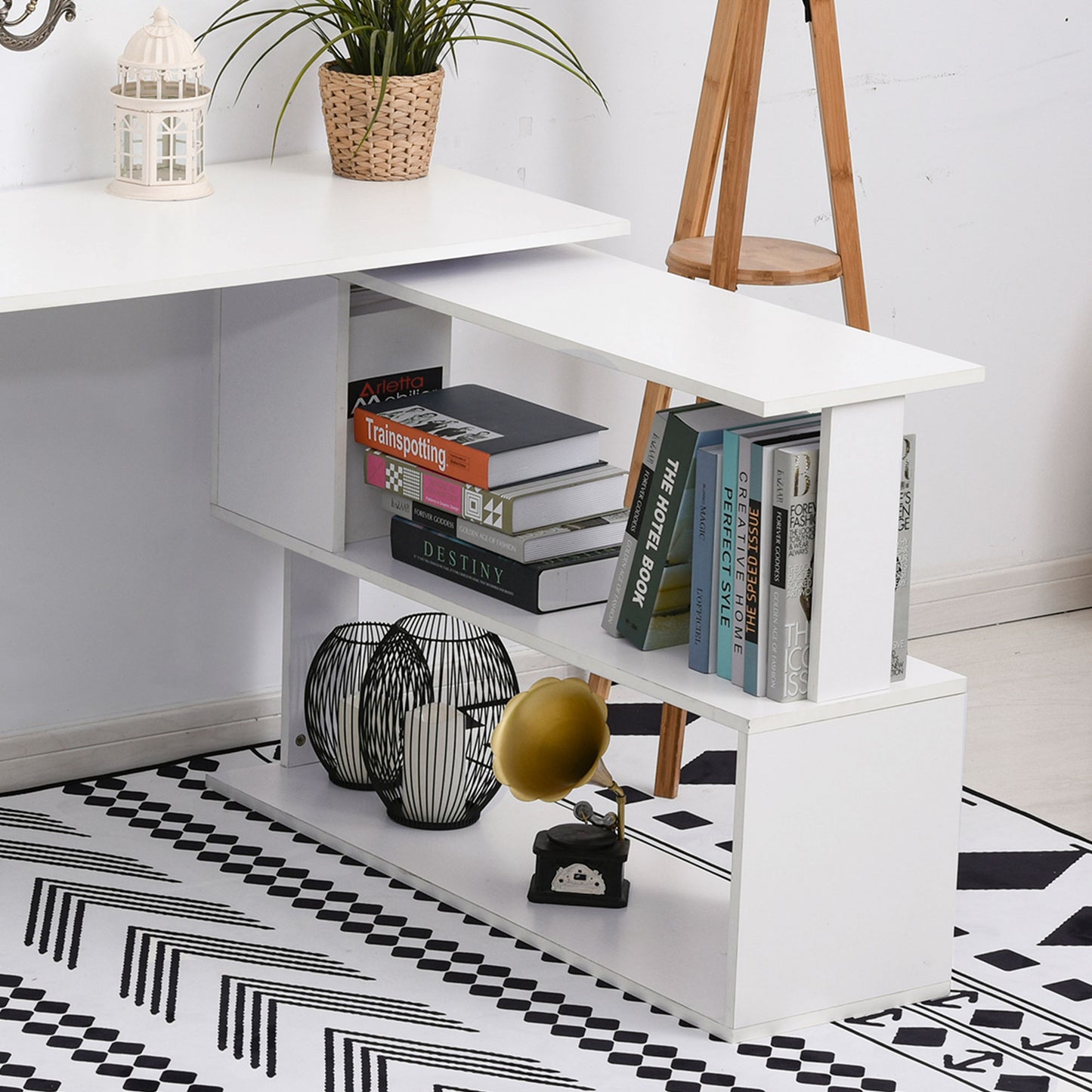 Corner Computer Desk with 360° Rotating Design and Bookshelf, White