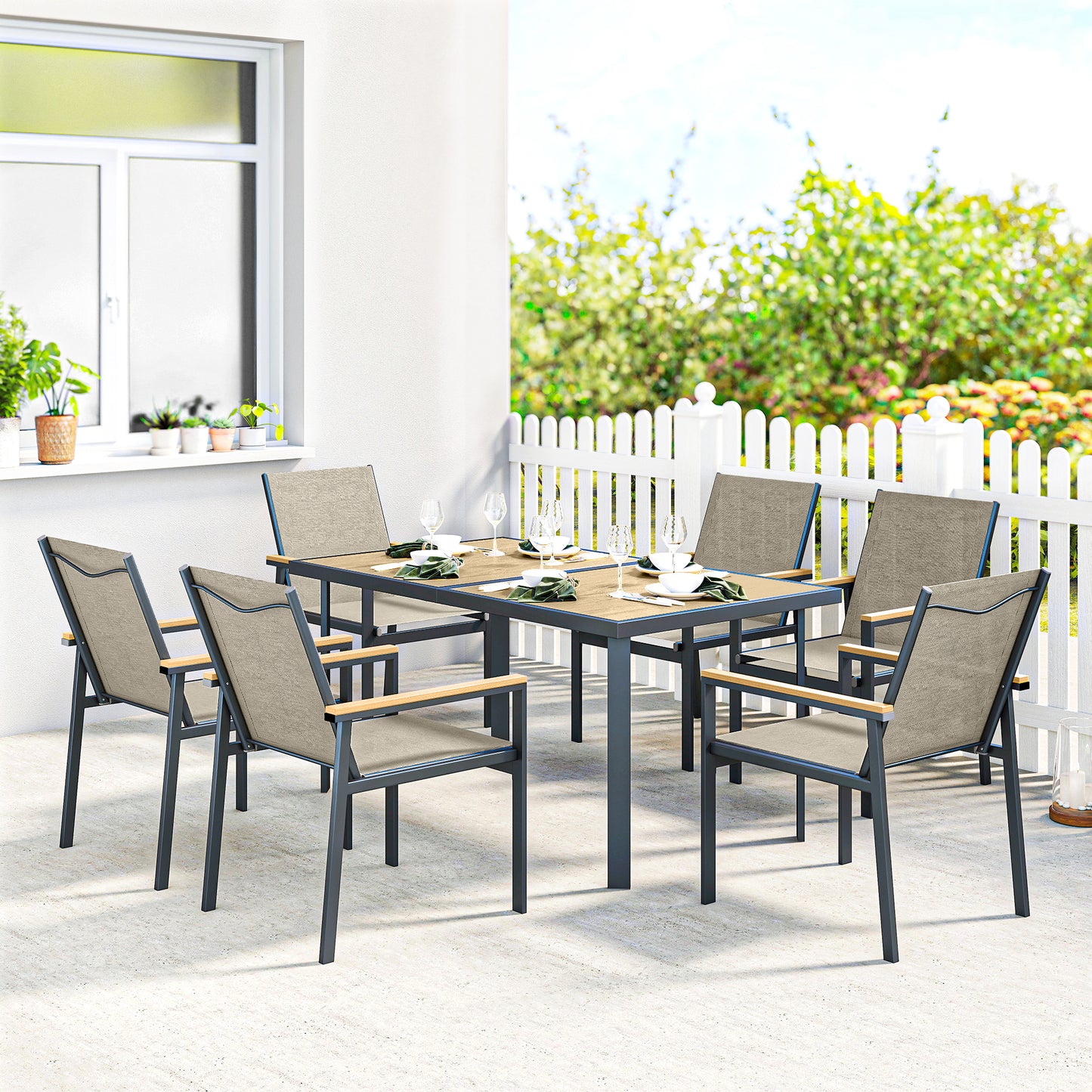 7 Piece Garden Dining Set, Outdoor Table and 6 Chairs, Khaki