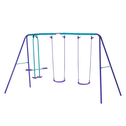 Height Adjustable Metal Swing Set with Glider, Two Swing Seats and Adjustable Height, Outdoor Heavy Duty A-Frame
