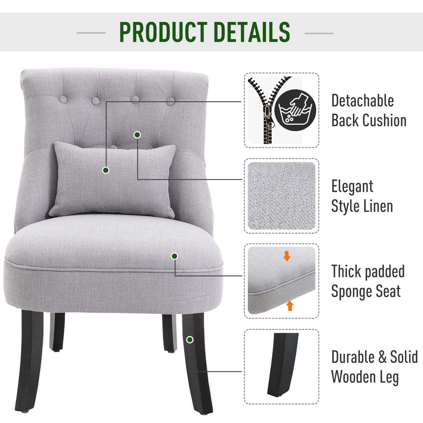 Fabric Single Sofa Upholstered with Pillow Wood Leg Grey