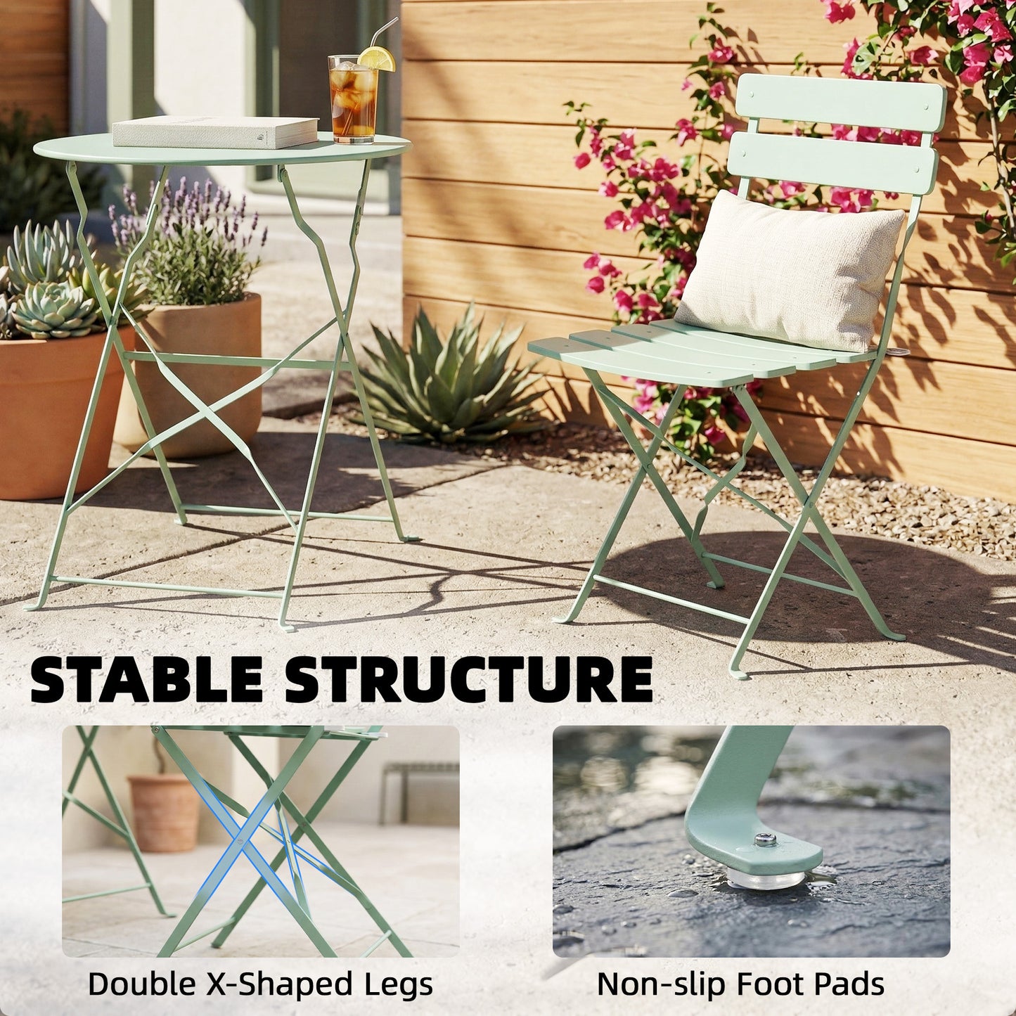 Folding Bistro Set with Round Garden Table and Chairs, Light Green