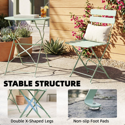 Folding Bistro Set with Round Garden Table and Chairs, Light Green