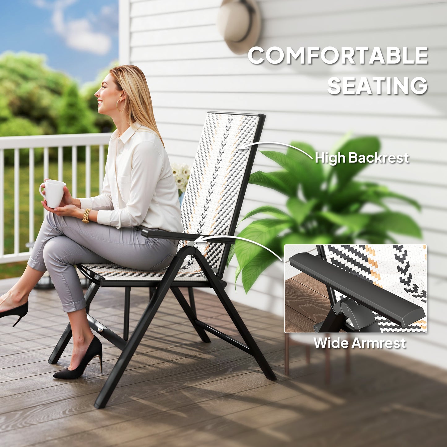 2PCs Rattan Folding Chair w/ 5-Position Adjustable Backrest, Black