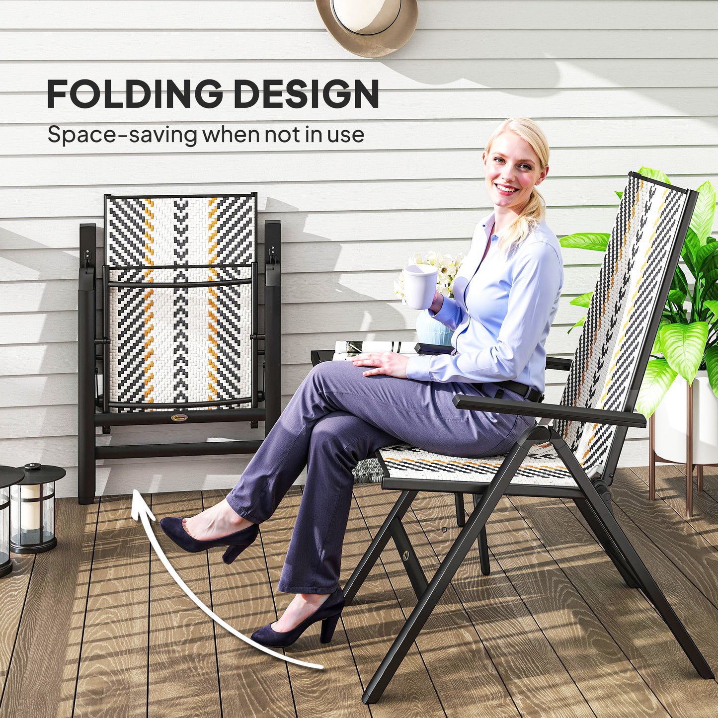 2PCs Rattan Folding Chair w/ 5-Position Adjustable Backrest, Black