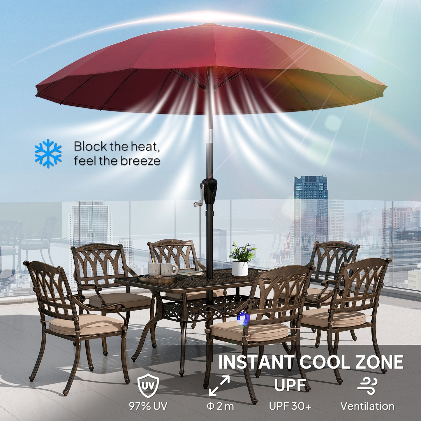 2m Shanghai Garden Parasol Umbrella, Outdoor Sun Shade, Wine Red