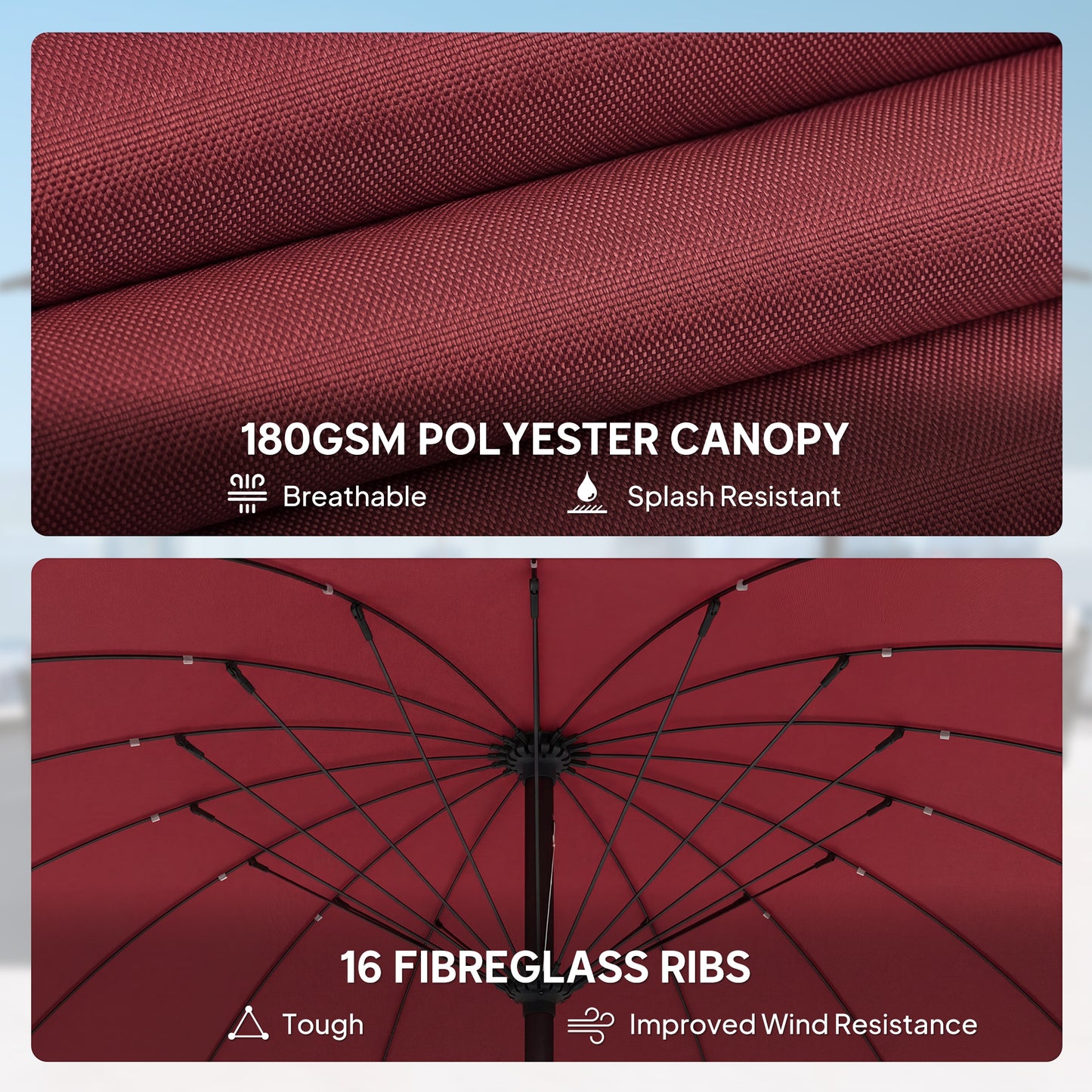 2m Shanghai Garden Parasol Umbrella, Outdoor Sun Shade, Wine Red