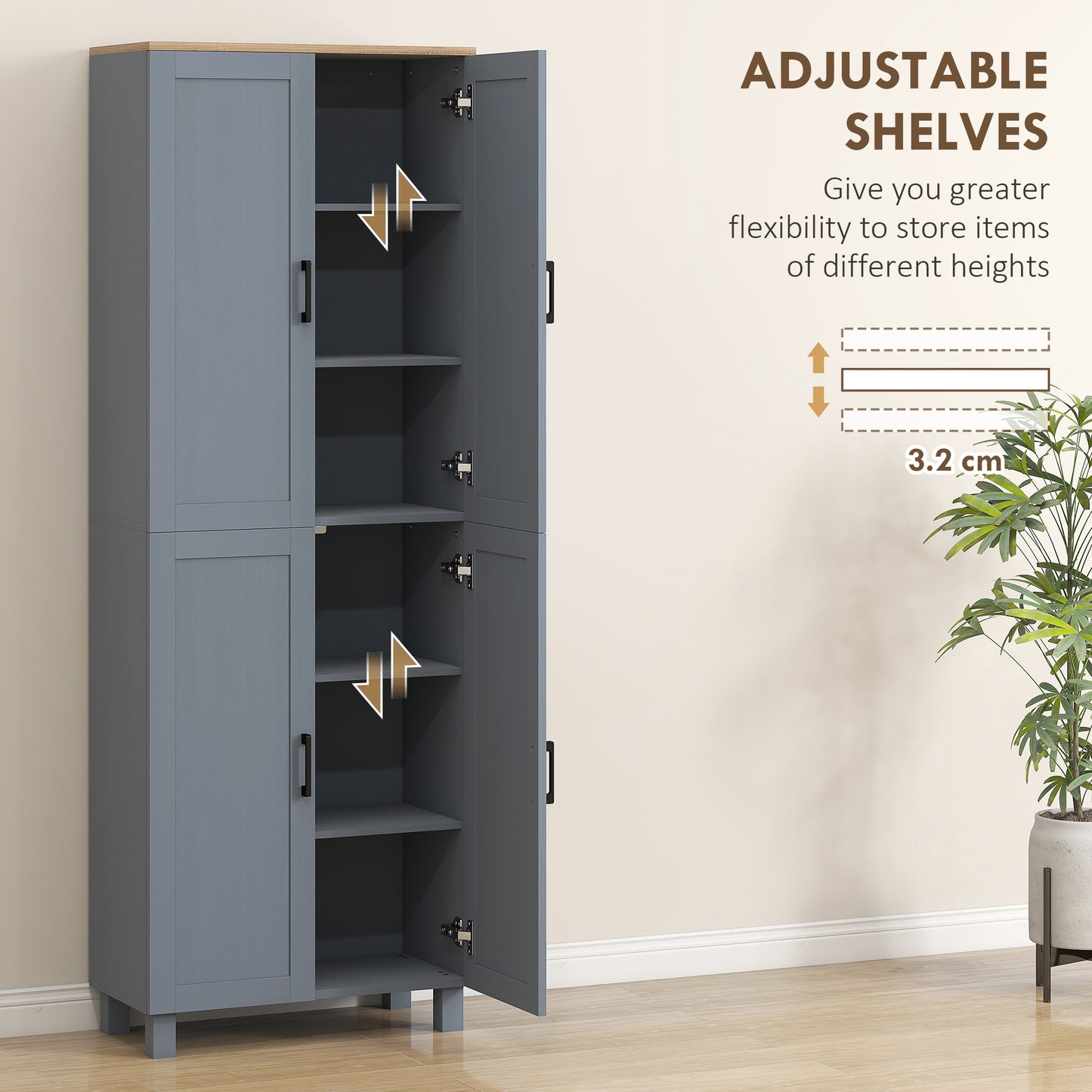Modern Kitchen Cupboard Storage Cabinet with 4 Shelves, Grey