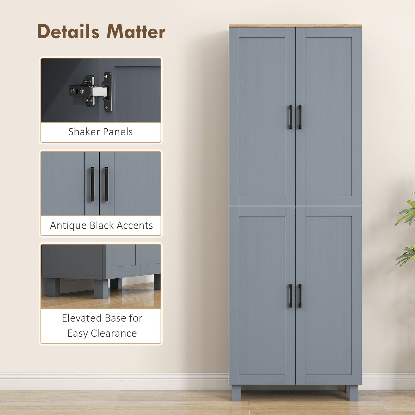 Modern Kitchen Cupboard Storage Cabinet with 4 Shelves, Grey