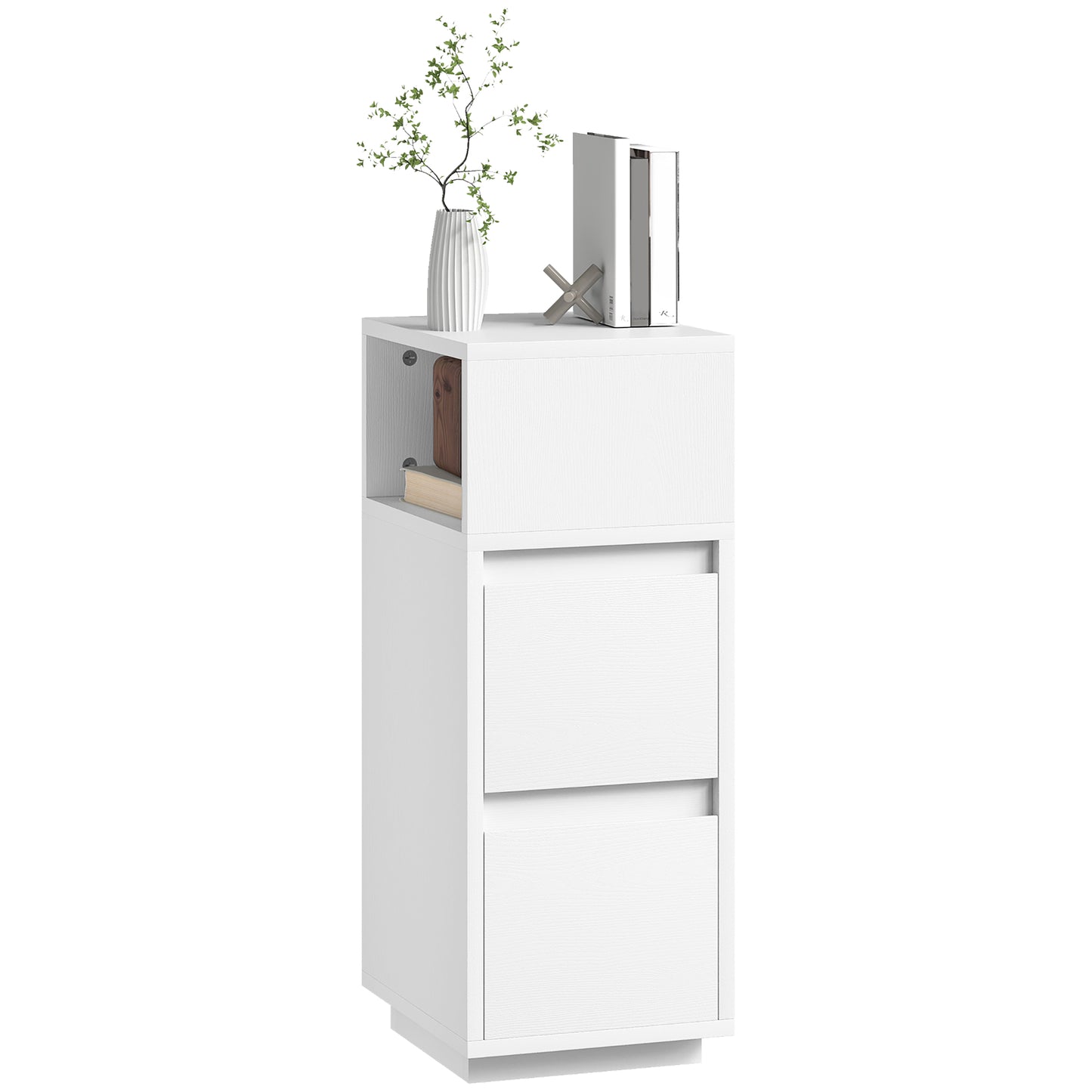 Slim Bedside Table, Bedside Cabinet with Open Shelf and 2 Drawers