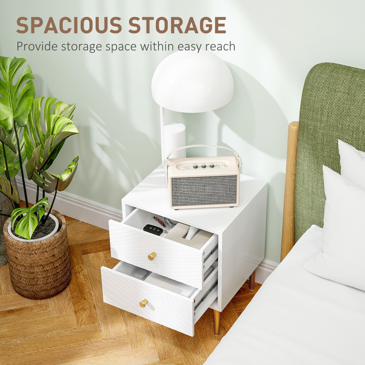 Modern Bedside Table with Drawer, Side Table with Metal Legs, White