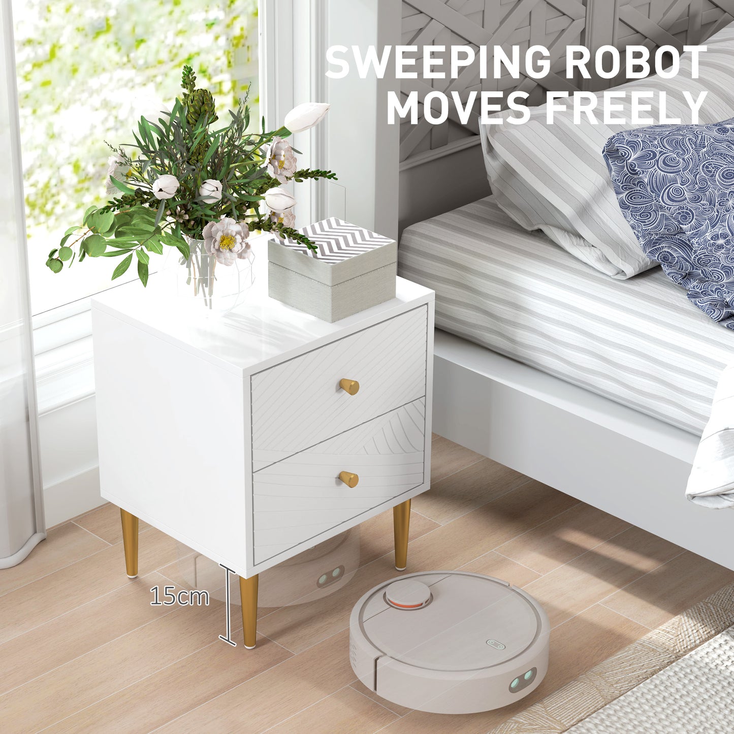 Modern Bedside Table with Drawer, Side Table with Metal Legs, White