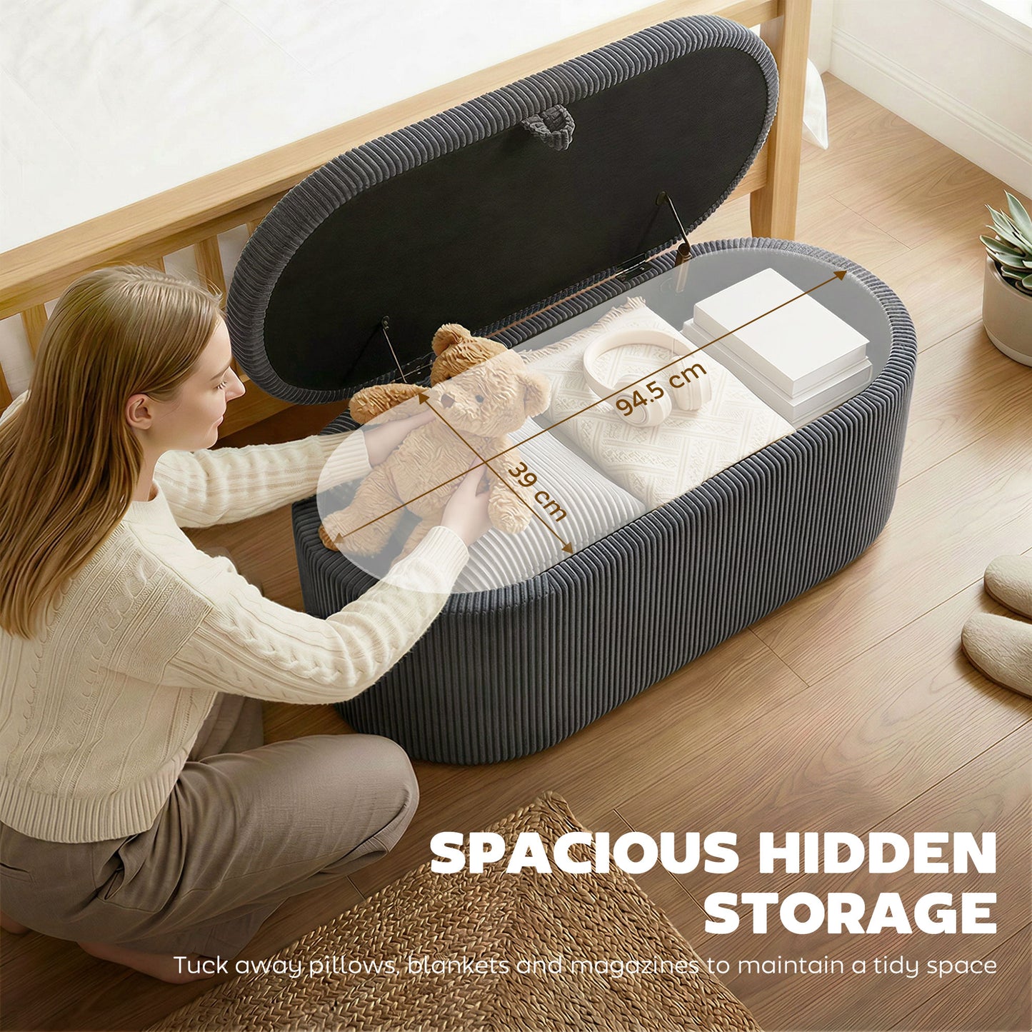 Storage Ottoman, Corduroy Ottoman Storage Box with Padded Seat