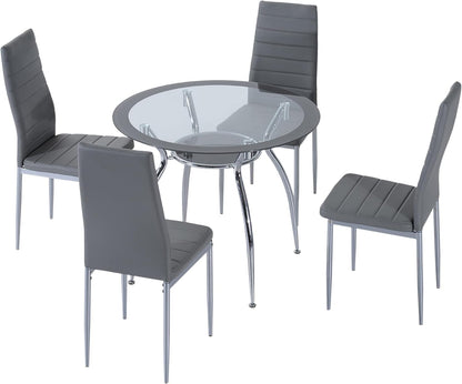 Five-Piece Dining Home Set, with Padded Chairs and Glass-Top Table - Grey