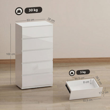 High Gloss Chest of Drawers, 5-Drawer Storage Cabinets, For Bedroom - White