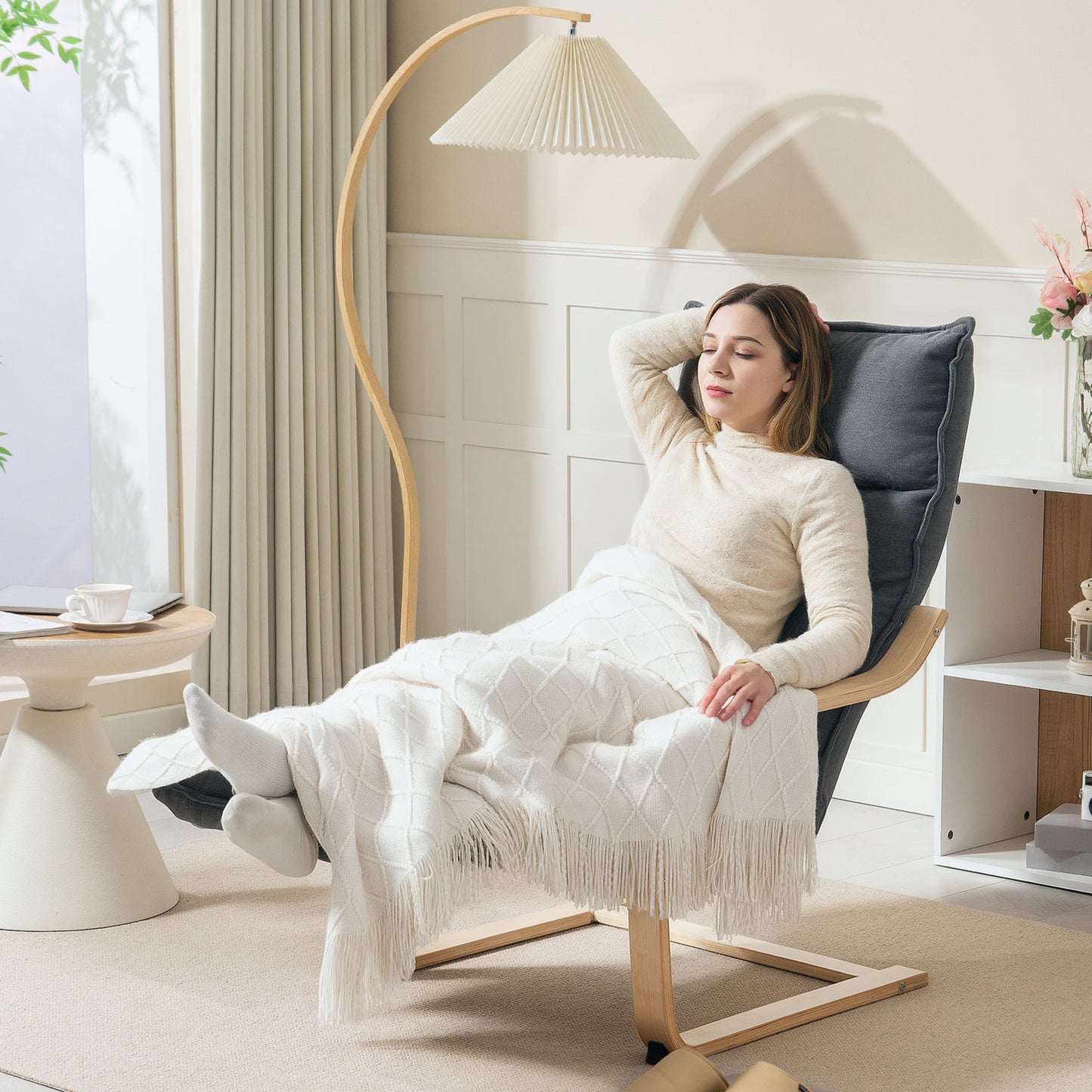 Birch Wood Lounge Chair for Living Room, Bedroom, Drak Grey