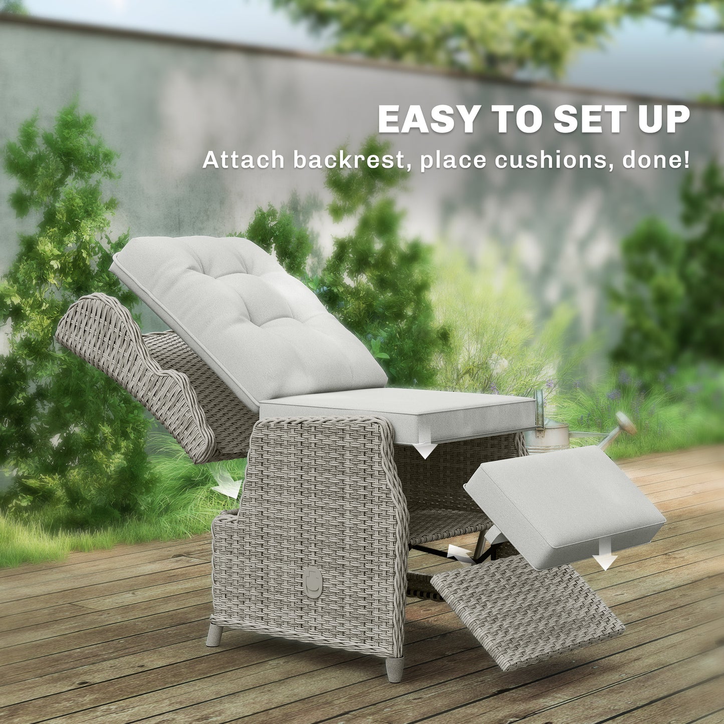 Rattan Garden Recliner Chair with Flip Table, Light Grey