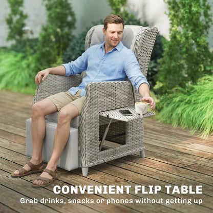 Rattan Garden Recliner Chair with Flip Table, Light Grey