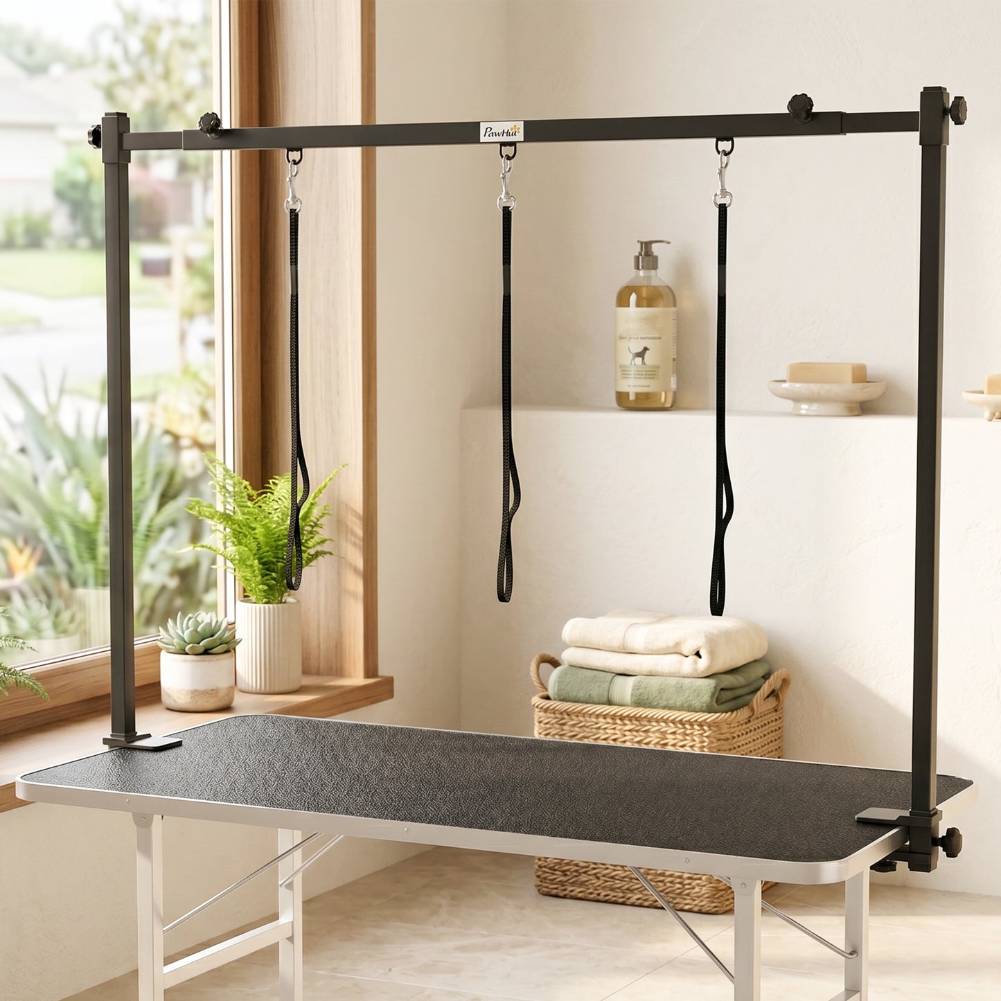 Dog Grooming Arm with Clamp H-Shape, Adjustable Dog Grooming Table Arm with 3 Loop Nooses for Large and Medium Pets, Adjustable Height 0-84 cm, Black