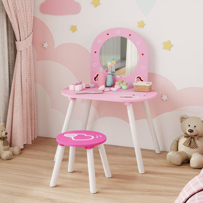 Kids Dressing Table with Mirror and Stool, Girls Vanity Set, Pink
