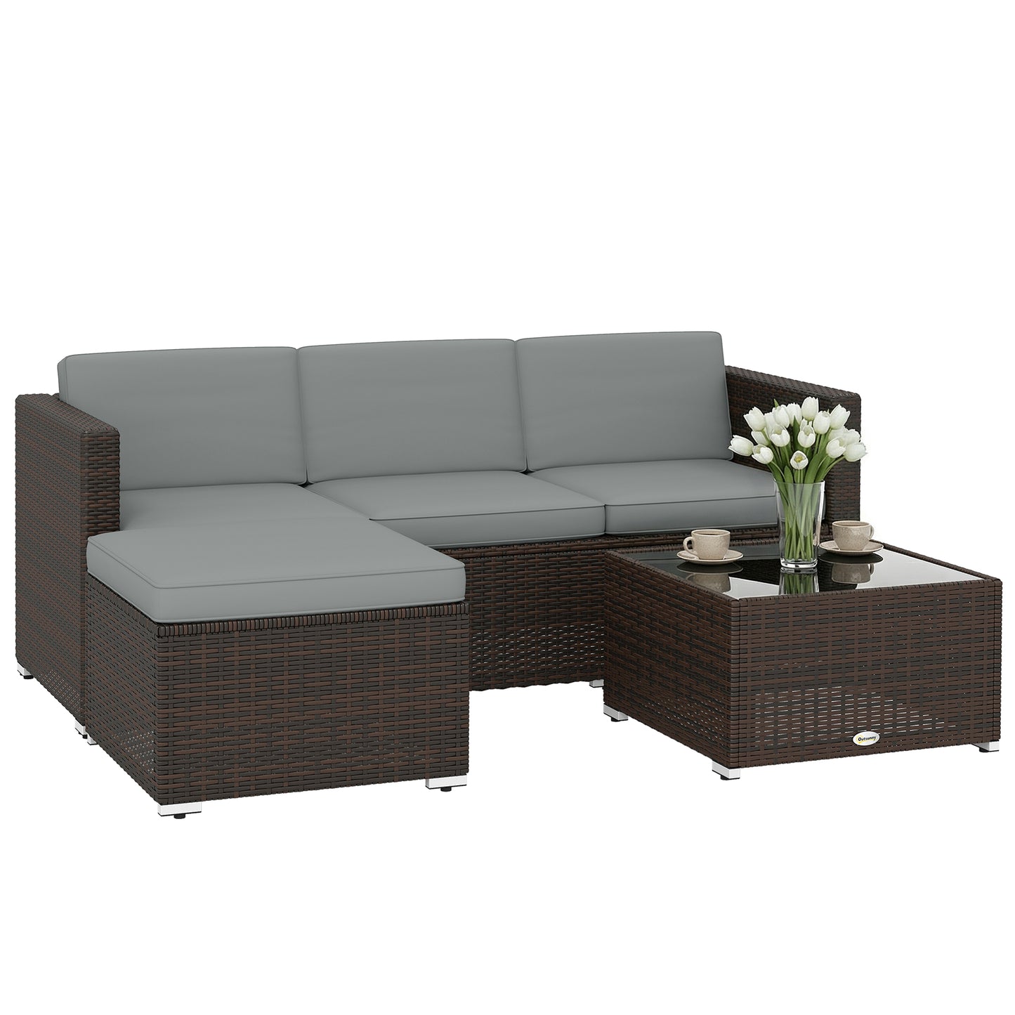 Garden Furniture Set w/ Padded Cushions Corner Sofa Set, Light Grey