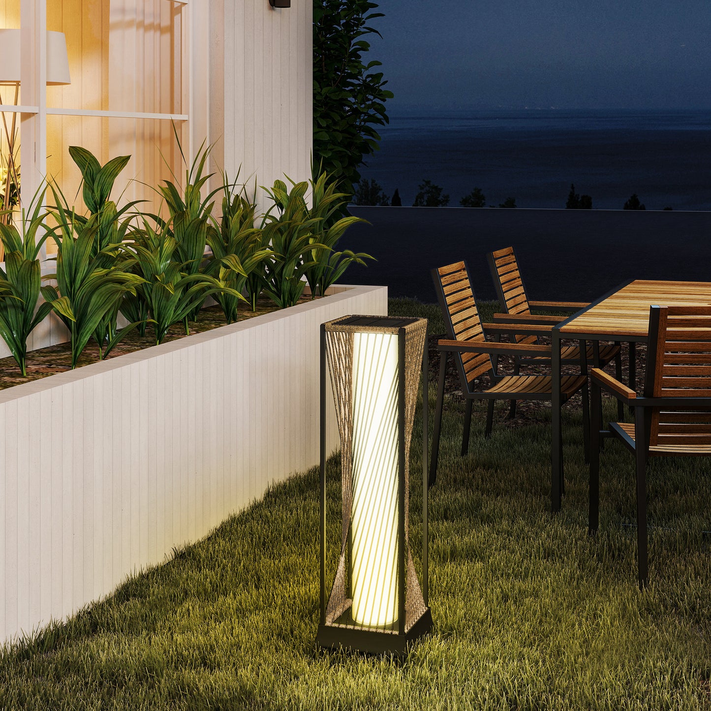 Rattan Solar Floor Lamp, Auto On/Off  Garden Lights, Sand Brown