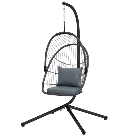 Outdoor PE Rattan Swing Chair with Cushion, Foldable Basket Patio Hanging Chair w/ Metal Stand, Rotation Spring Hook, Basket Height